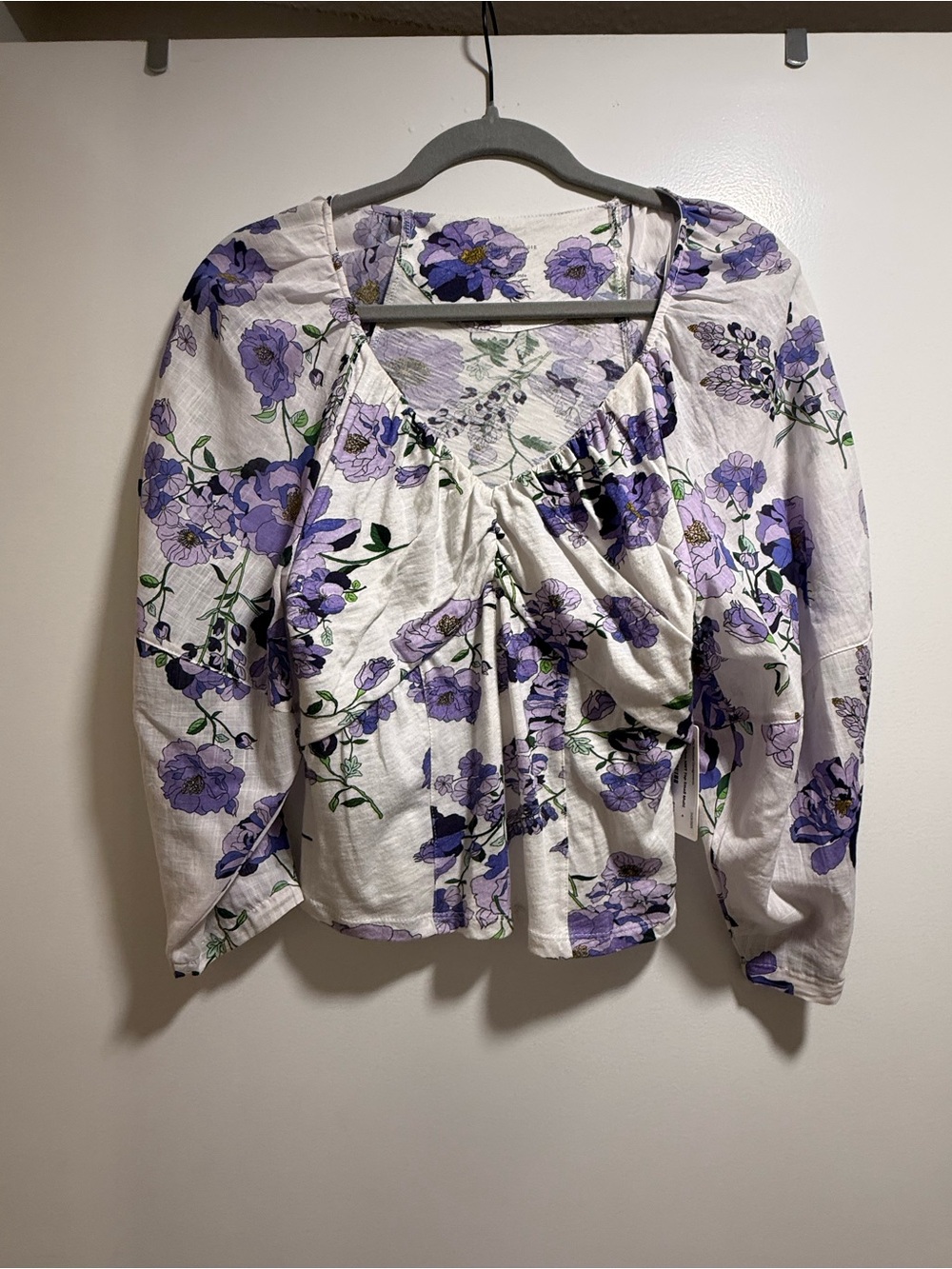 Anthropologie White Blouse with Purple Floral Print